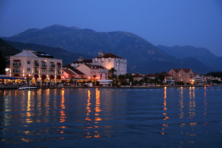 night photo of the bay and the old townの写真素材