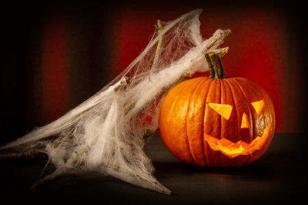 Halloween pumpkin with spider web and cobweb on dark background.の写真素材