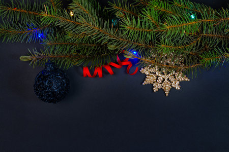 Christmas tree branch with decorations on black background. New Year concept.