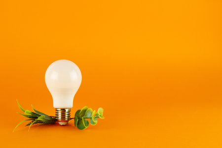 Energy saving light bulb and green leaves on orange background with copy spaceの写真素材
