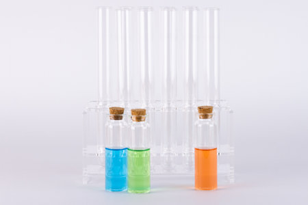 Laboratory test tubes on white background, science and medical concept.の写真素材