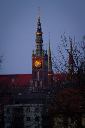 The Old Town Hall in Gdansk, Poland, at dusk.