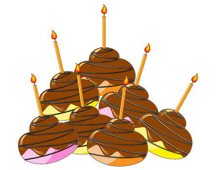 Colorful cup cakes with chocolate glazing and a candleのイラスト素材