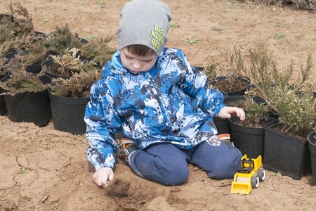 The boy is playing with a toy yellow excavator in the gardenの写真素材