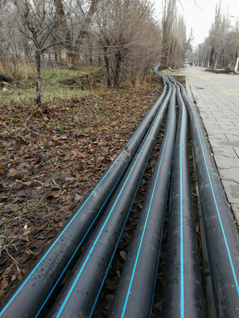 Laying of the sprinkler system of the pipeline in the ground trenches for the underground irrigation system, irrigation system, land municipal works in the late autumn in the parkの写真素材