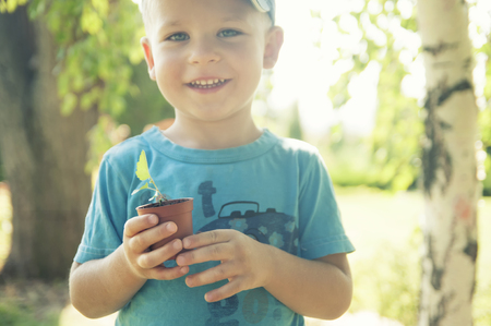 The child is holding a flower pot with a small plantの写真素材