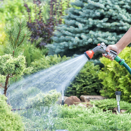 Hand garden hose with water spray, watering flowers, close-up, water splashes, landscape design, alpine slideの写真素材