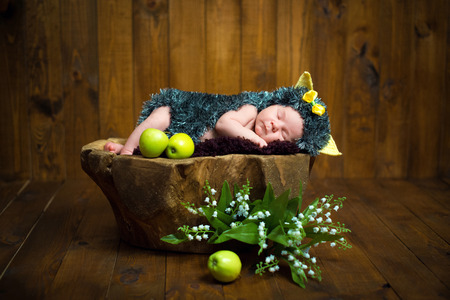 Funny newborn little baby girl in a costume of hedgehog sleeping sweetly on the stumpの写真素材