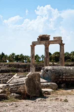 Ruins and old buildings in Hierapolis ancient city adjacent to modern Pamukkale in Turkeyの写真素材
