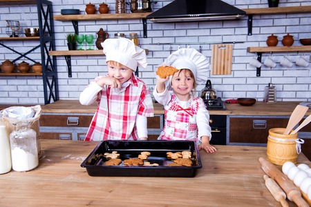 Children girl and boy in a cooking chef's hat cook in the kitchen, spread gingerbread on a baking sheet.の写真素材