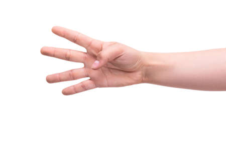 Gestures. One person's hand shows four fingers. Account concept 1,2,3,4,5.の写真素材