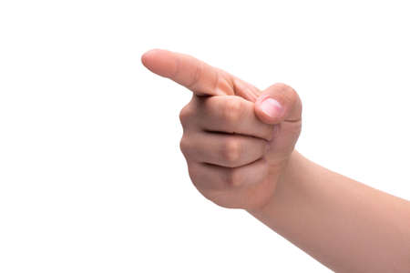 One person's hand points the index finger straight out to divert attention. Gesture and body language. Concept of direction, advertising and order.の写真素材