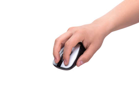 Hand holds computer mouse isolated on white background.の写真素材