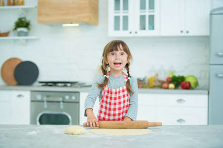 A cute little girl with pigtails in a plaid apron kneads pizza dough on her own. Cooking classes for children.の写真素材