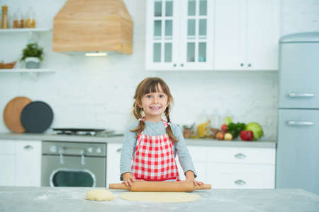A cute little girl with pigtails in a plaid apron kneads pizza dough on her own. Cooking classes for children.の写真素材