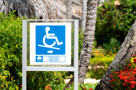 The sign exit road ramp for the disabled in a wheelchair. Caring for people with disabilities in the hotel. high quality photoの写真素材