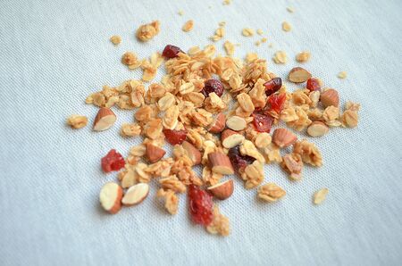 close up Top view muesli, granola healthy meal on fabric backgroundの写真素材