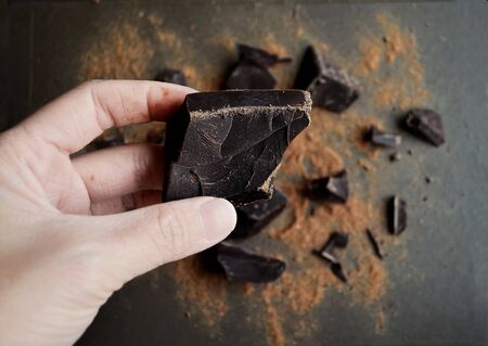 Hand holding Dark chocolate with burred Broken chocolate piece background
