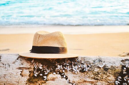Panama hat, sunhat on timber on the beach, Thailand travel concertの写真素材