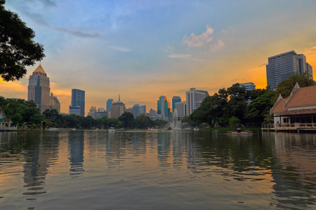 A splendid skyline view from Lumphini Park towards the Silom-Sathorn CBD at dusk on October 23のeditorial素材