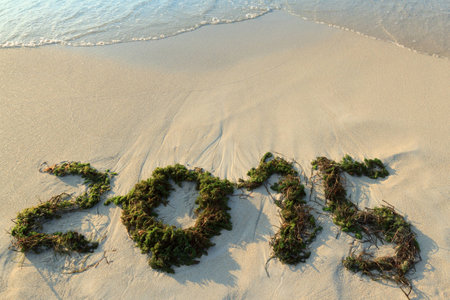 foamy wave washes a sign of new year written on a sandy shore