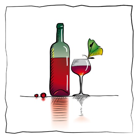 Red wine bottle and a goblet sketchの写真素材