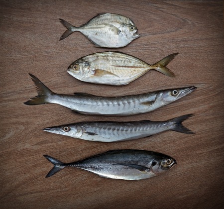 Fresh fish assortment ready for cooking on wooden background, top view 1の写真素材