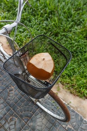 Fresh brown coconut in a bicycle basket with green grass at background, top viewの写真素材