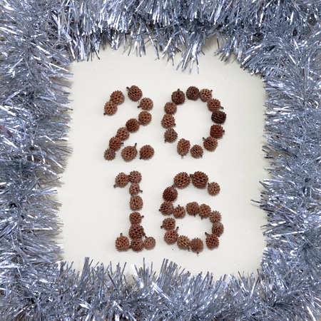 Silver tinsel framed new year greeting card. Cones in form of 2016
