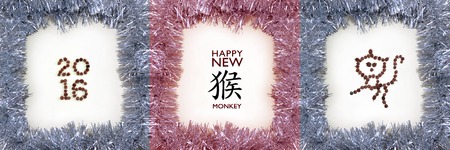 Silver and purple tinsel framed new year greeting card. Cones shaping monkey symbol and 2016....
