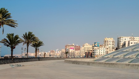 ALEXANDRIA, EGYPT - SEPTEMBER 16, 2014: Entrance of Egyptian Library on September 16, 2014 in Alexandria, Egypt. Postrevolutionary crisis results in lack of water. Library's pool stays emptyのeditorial素材
