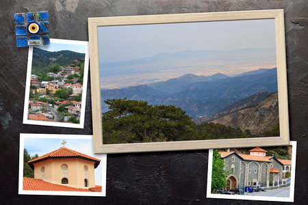 Beautiful snapshots of various Cyprus landscapes, villages, monastery in wooden frames arranged on rustic background, horizontal top view.の写真素材