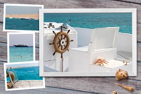 Beautiful seaside snapshots arranged on rustic wooden background with seashells with copy space, top view. Summer vacation and voyage conceptの写真素材