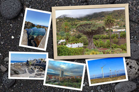 Beautiful snapshots of various Tenerife landscapes and landmarks arranged on black Canarian volcanic...
