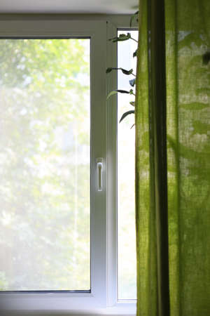 Indoor view of window, green curtains and shadows of indoor plantsの写真素材