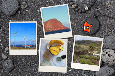 Beautiful snapshots of various Tenerife landscapes and landmarks arranged on black Canarian volcanic background with rocks and sandの写真素材