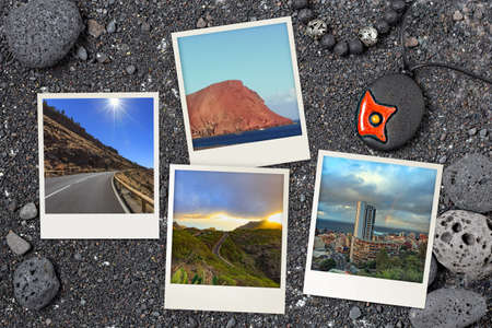 Beautiful snapshots of various Tenerife landscapes and landmarks arranged on black Canarian volcanic background with rocks and sandの写真素材