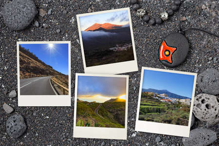 Beautiful snapshots of various Tenerife landscapes and landmarks arranged on black Canarian volcanic background with rocks and sandの写真素材