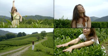 multi-shot of a young long-haired girl who is in a green field among the mountains, her clothes are calm colors, she enjoys nature and a Sunny day. Walks, runs and jumps, rogue leaves and grass.の写真素材