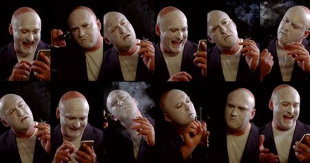 crazy actor with white greasepaint at face, use phone, hold gun, smoke, collaged shot