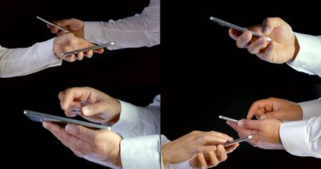 Collage close-up of mens and womens hands in white sleeves, which climb in touch phones, pressing...