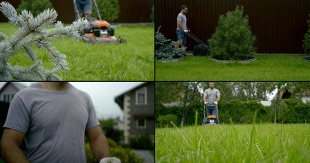 gardener is working with lawnmover in garden and park area in city, collage shot of four videosの写真素材