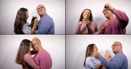 happy married couple, collage of medium shots, embracing, dancing and stroking catの写真素材
