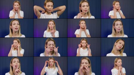 Collage cute blonde girl demonstration of exercises for youth and strengthening the muscles of the...