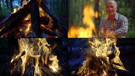 elderly man is sitting alone in forest, warming near campfire, collageの写真素材