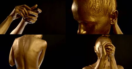 close-up collage of portraits of a young slender woman covered with gold pigment. The view of her back, and she poses and gestures with her hands.の写真素材