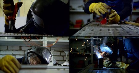 Collage close-up of a smiling male welder in a hard hat and glasses, protective suit and gloves, who...