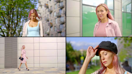 a collage of four videos. a woman with pink hair strolls along a city street, passes near the wall...