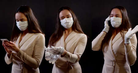 Collage portrait of a business woman during the coronavirus pandemic protected by a face mask. Use a...