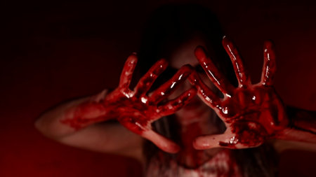 demoniac woman with bloody body and big dark eyes against lighting cross in churchの写真素材